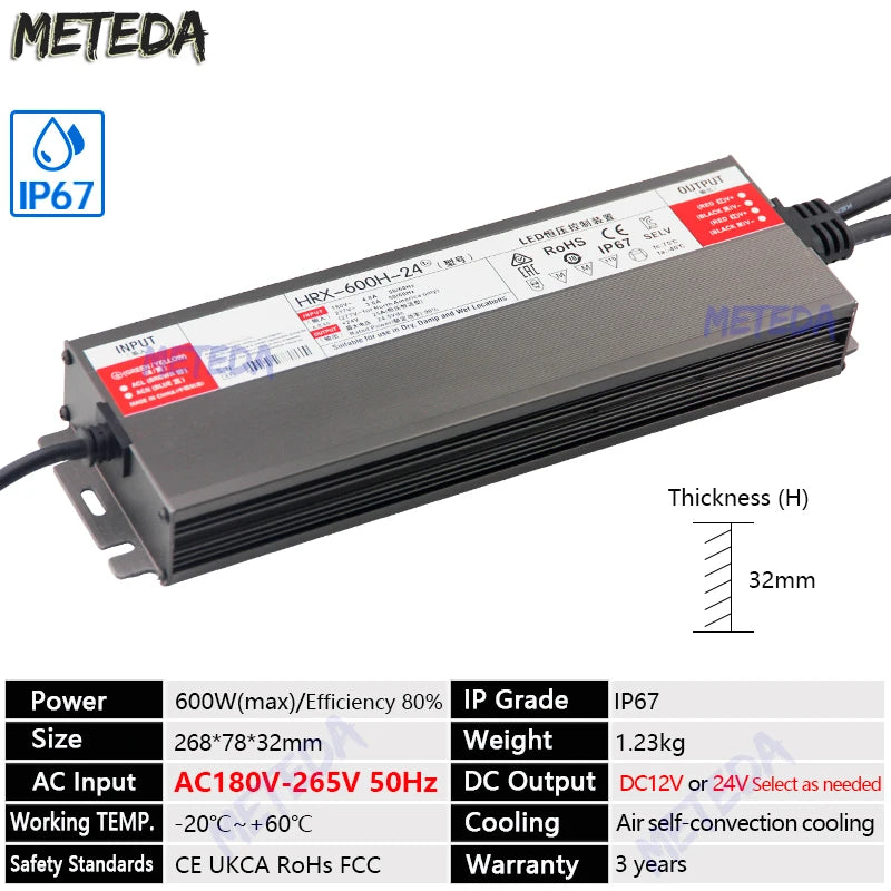 transformateur led waterproof ip67 12v 24v 36w 600w gris métallisé texturé industrielle