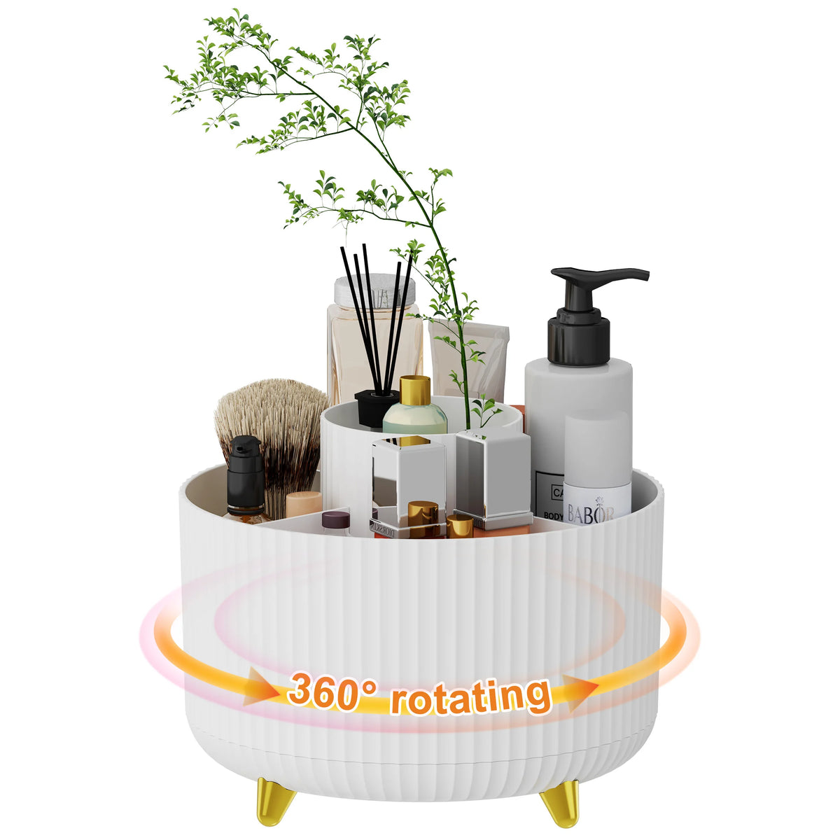 organisateur maquillage rotatif brosse flacons moderne rayures beige rose noir minimaliste
