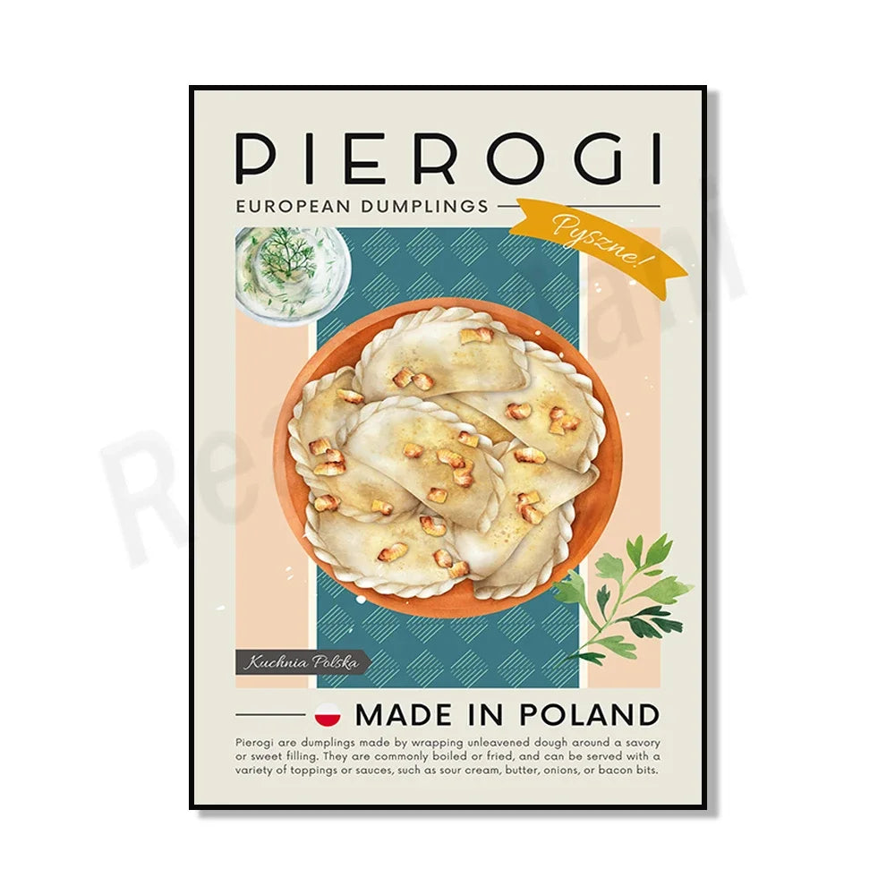 Cette image promotionnelle présente des pierogis, des raviolis polonais traditionnels, avec une description de leurs ingrédients et modes de préparation.