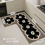tapis cuisine noir fleurs stylisées moderne imperméable antidérapant polypropylène PVCintérieur sèche rapidement