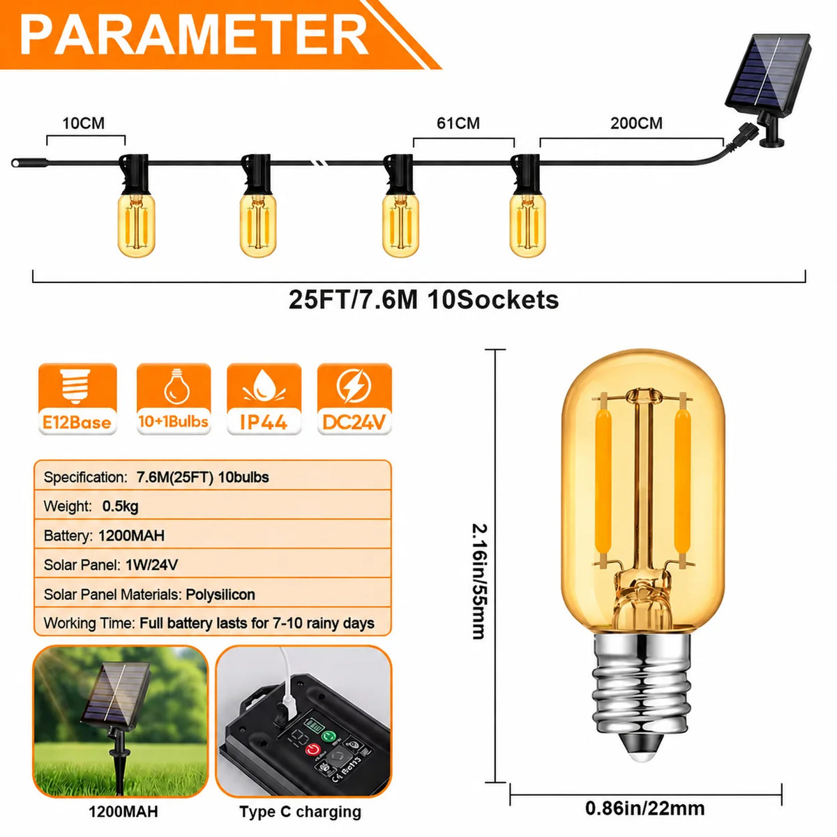 guirlande lumineuse solaire 15 ampoules vintage verre transparent clips noir doré patio jardin