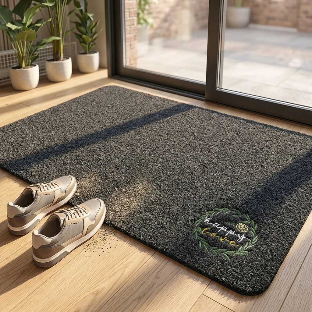 tapis d'entrée imperméable anti bactéries antidérapant moderne noir floral happy love porte bain