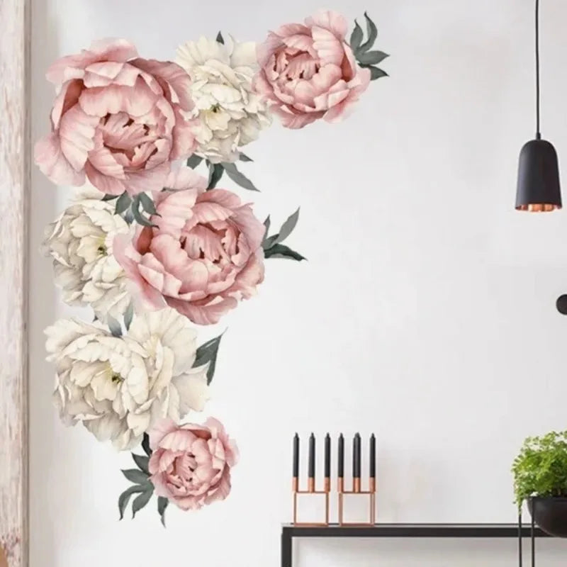 sticker mural fleurs pivoine effet aquarelle romantique art floral chambre salon autocollant doux