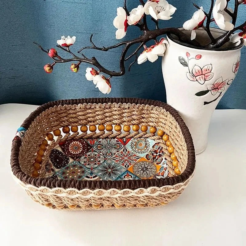 panier rangement boho marron beige vert motifs floraux rustique