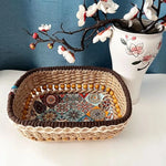 panier rangement boho marron beige vert motifs floraux rustique