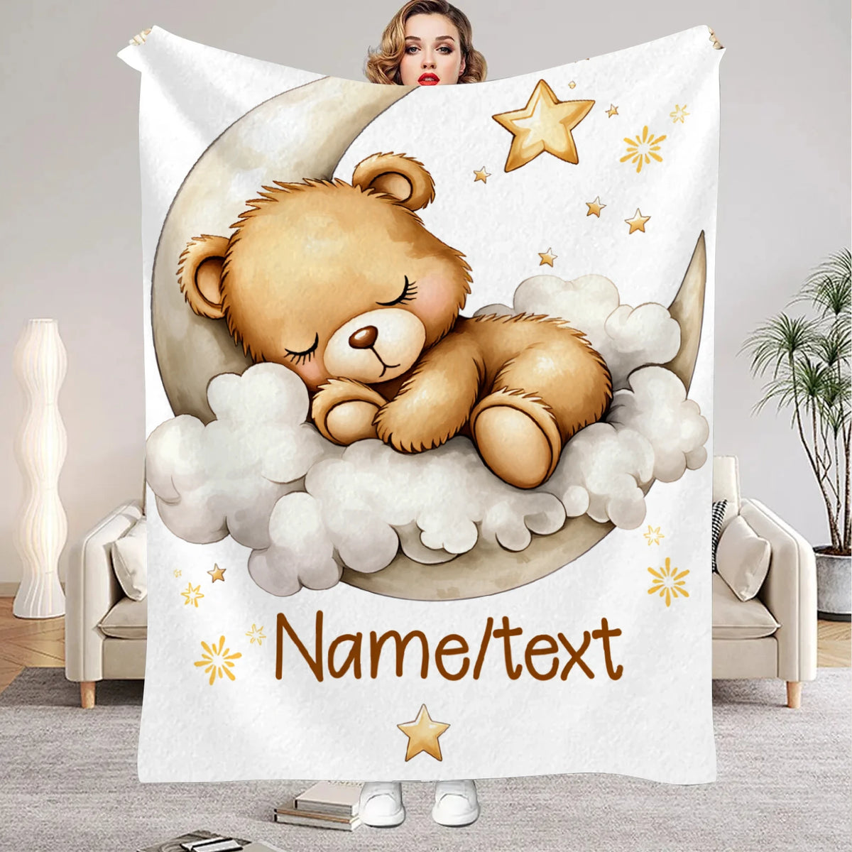 couverture enfant ours doré nuages étoiles illustration mignonne polyester portable maison lit voyage