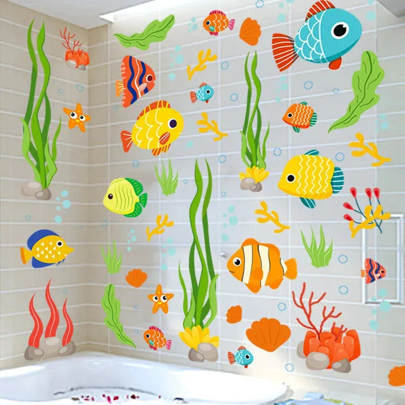 sticker mural marin dessin animé poissons algues coraux coquillages multicolore décoration salle bains
