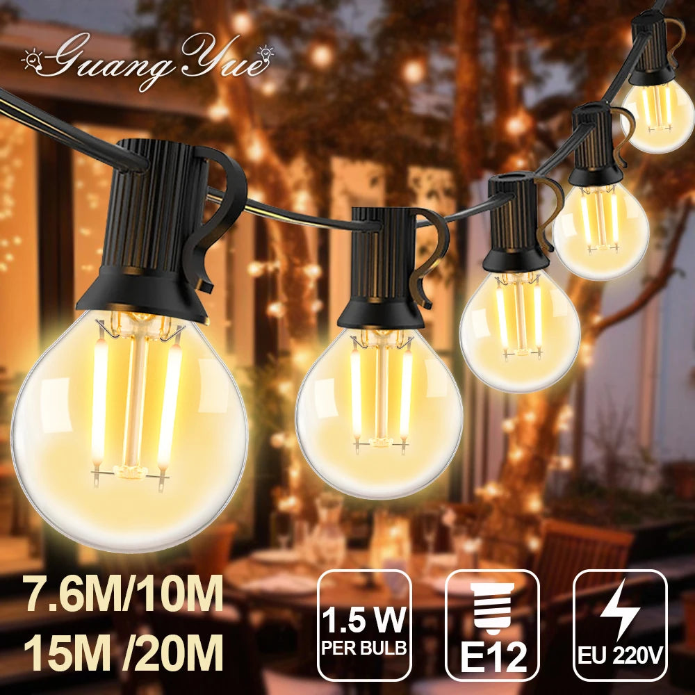 guirlande lumineuse vintage boules verre transparentes ampoules led dorées clips noirs 7.6m 20m