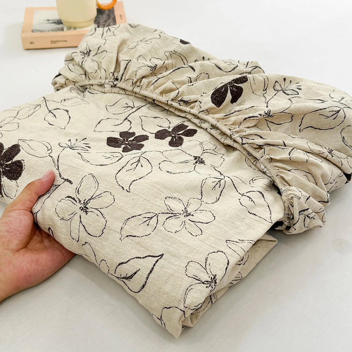 housse matelas coton lin plaid fleurs papillons moderne beige marron blanc double oreillers