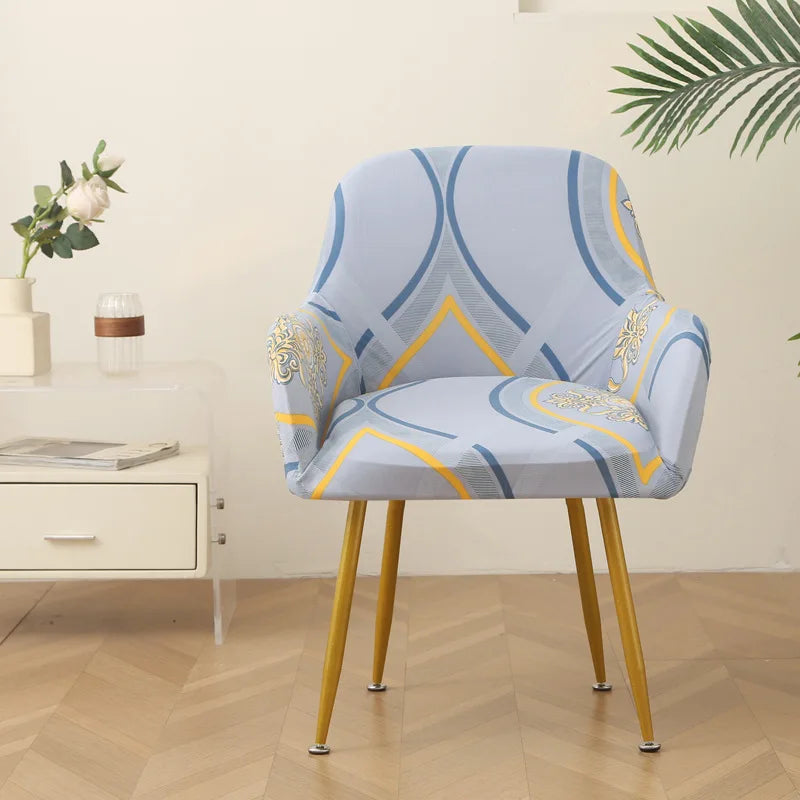 housse chaise moderne adhésive feuilles tropicales noir blanc gris bleu doré elasthanne polyester Jacquard