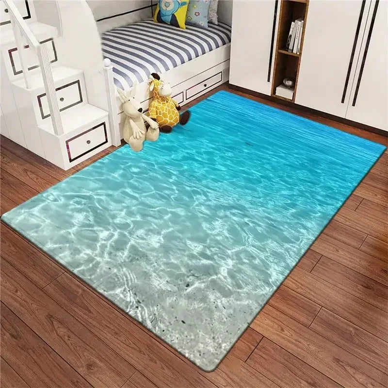 tapis salon moderne motif vague mer bleu beige décoration chambre enfant sol antidérapant polyester