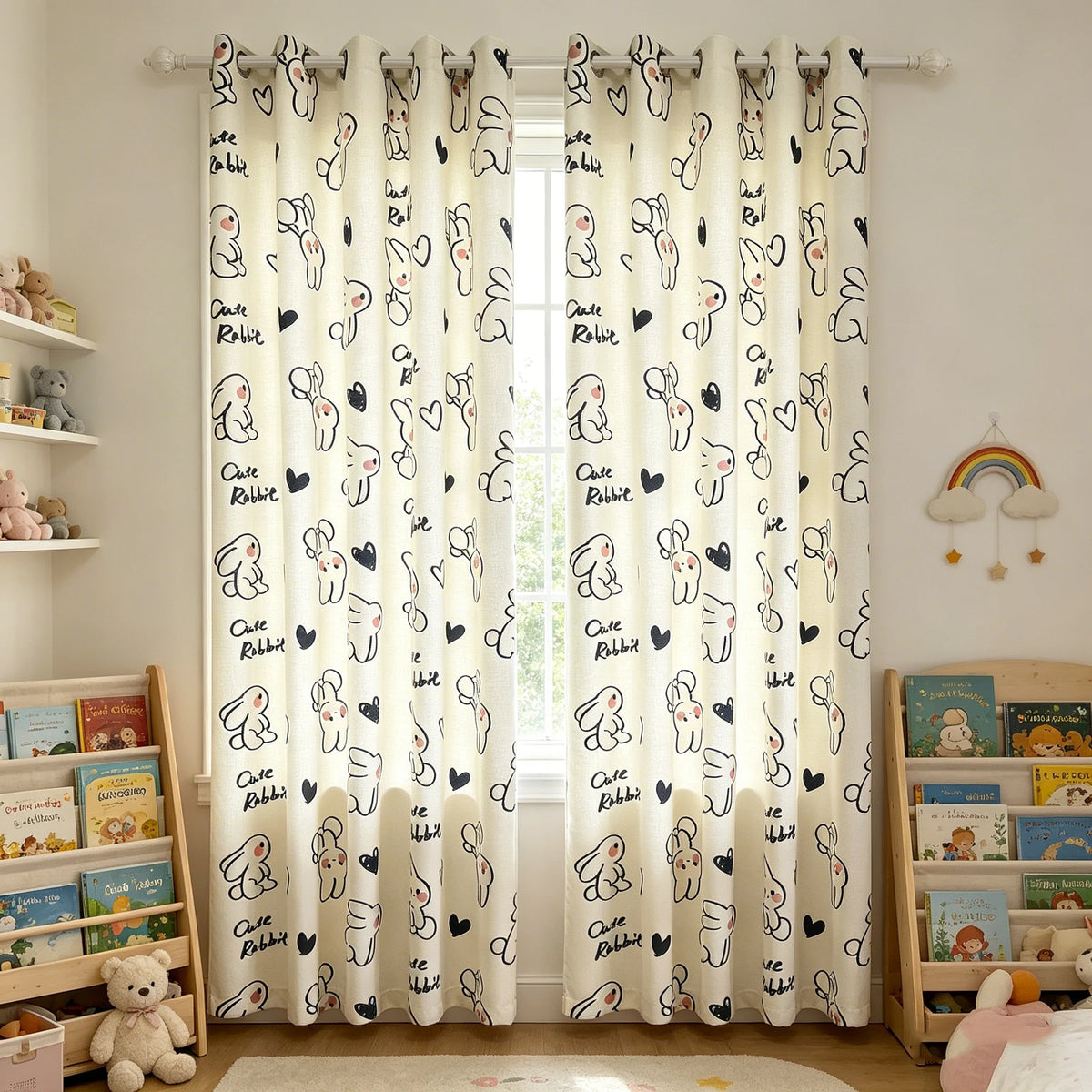 rideau motif lapins mignons moderne beige clair noir rose métalliques polyester chambre enfants