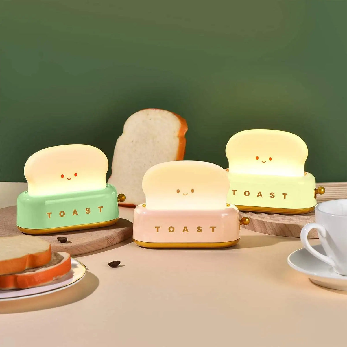 lampe table verte souriante toast mignon rétro usb rechargeable flux lumineux doux contrôle tactile
