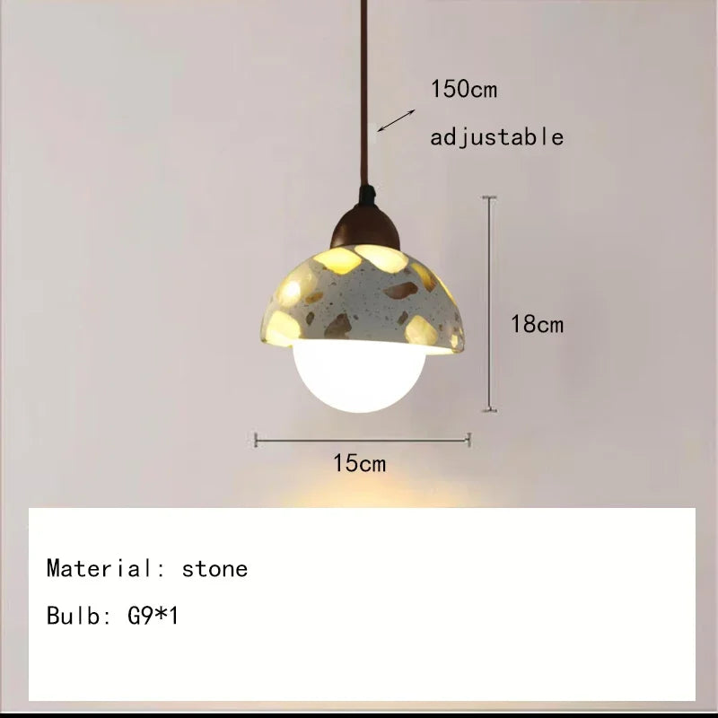 Suspension lumineuse moderne pierre texture granulée blanc marron beige gris câble suspendu chambre salon