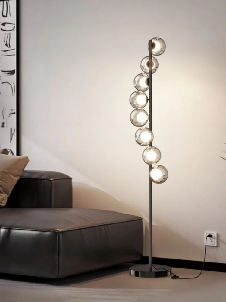 lampe sol moderne argentée noir sphères translucides câble électrique led haute qualité vérification ul