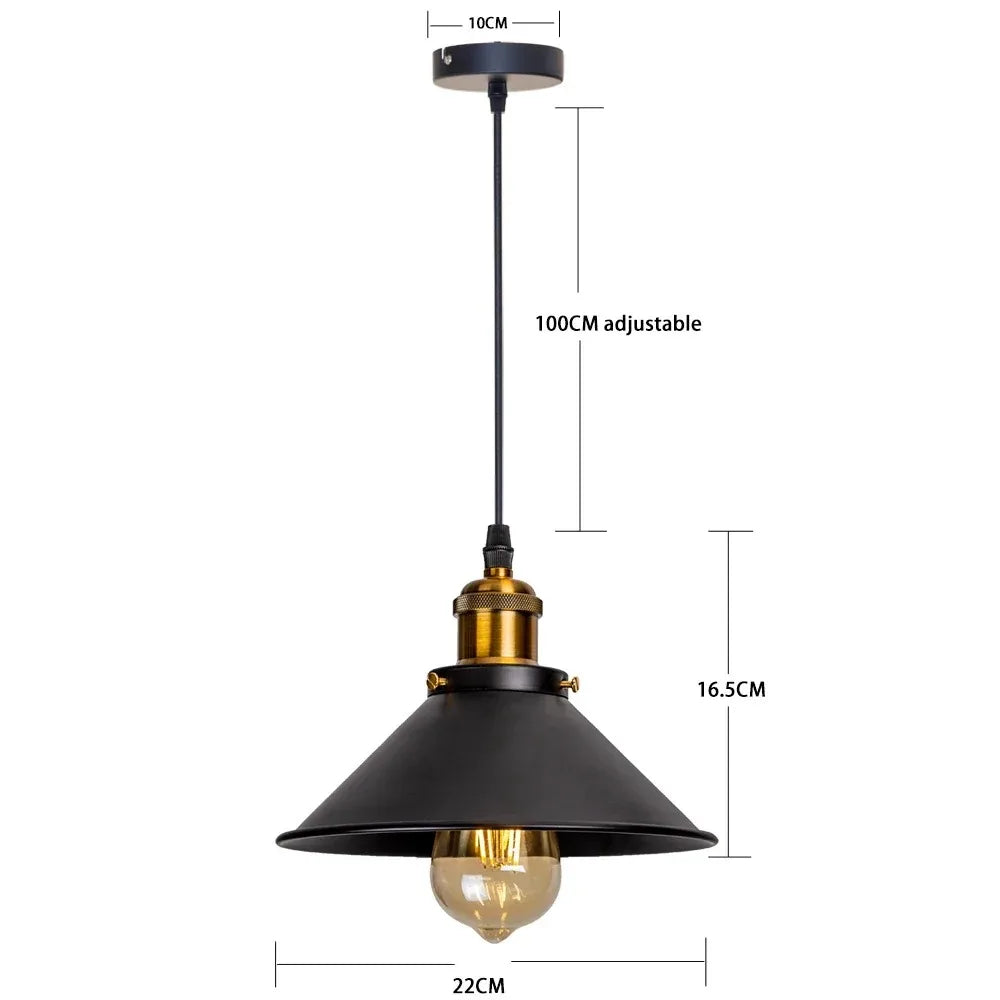suspension lumineuse industrielle conique noire dorée ampoules câbles chambre salon