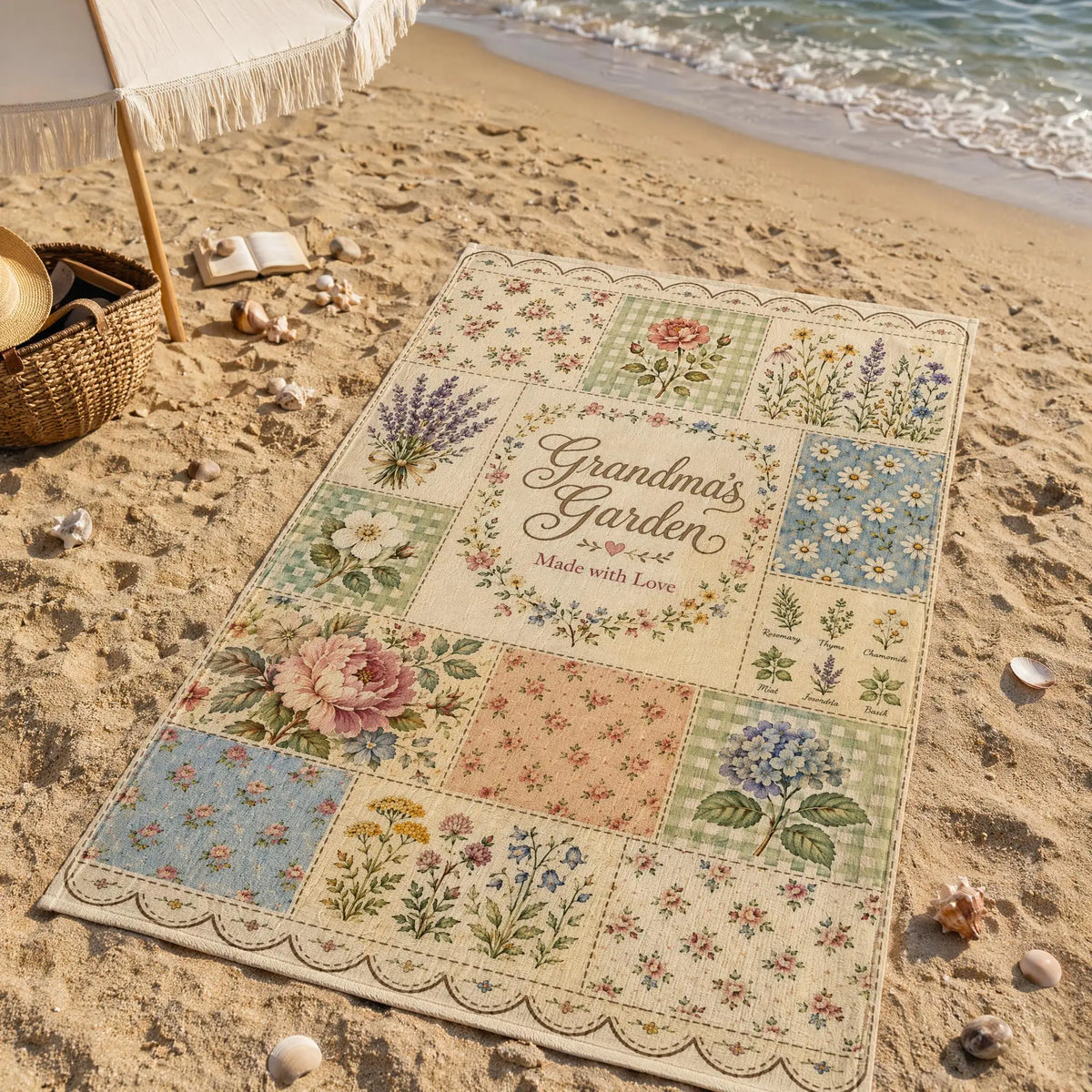 tapis patchwork floral vintage rose vert bleu bordure dentelée sec rapide machine simple