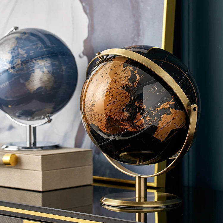 globe terrestre cartographie détaillée support métallique base plate noir doré classique élégant décoration maison