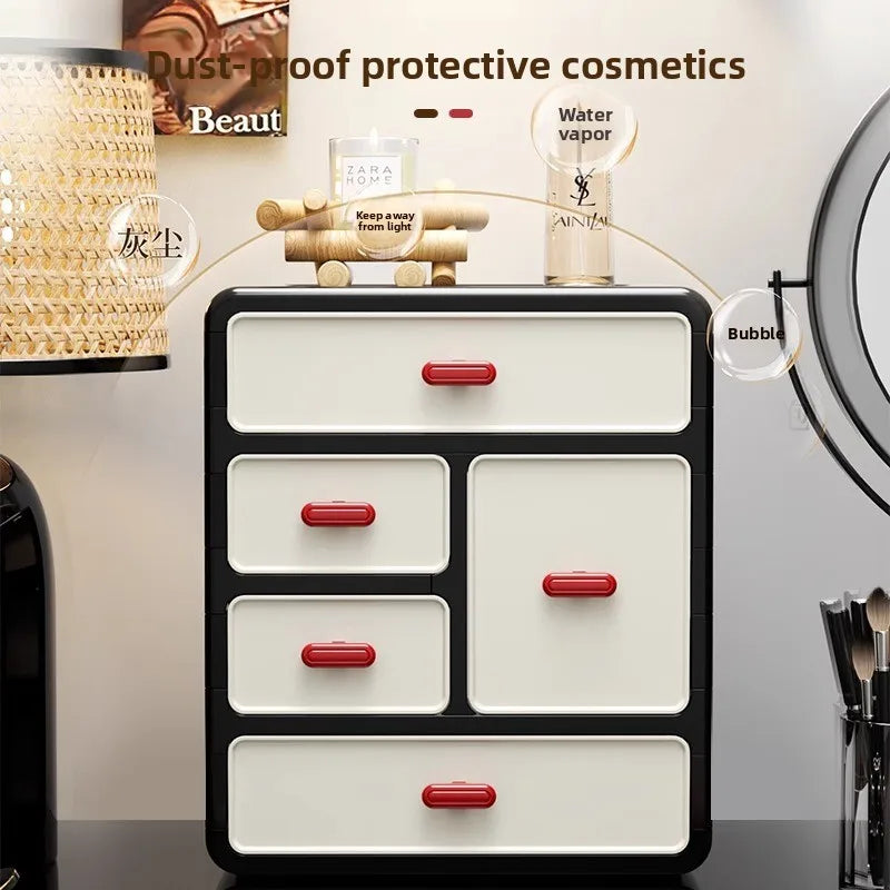 boîte maquillage moderne boîtes rangement noires blanches rouges poignées motifs géométriques