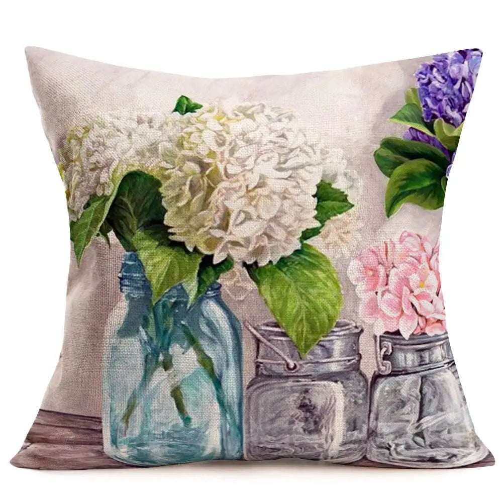 coussin decoratif hydrangeas lavande texture lin vintage maison 40x40cm polyester respectueux environnement