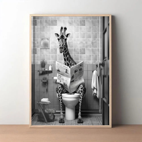 affiche toile salle bain humour animaux toilettes noir blanc cadre bois
