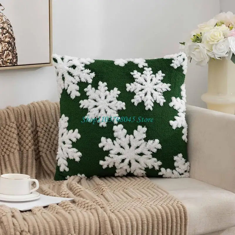 housse coussin motif flocons neige rennes noel vert blanc coton polyester lit festive