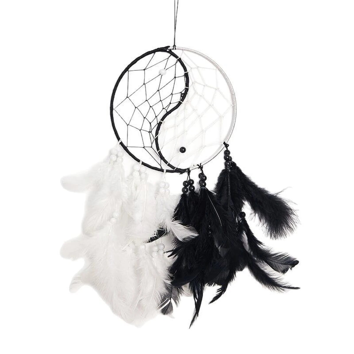 attrape rêves yin yang noir blanc plumes ethnique boho chic corde