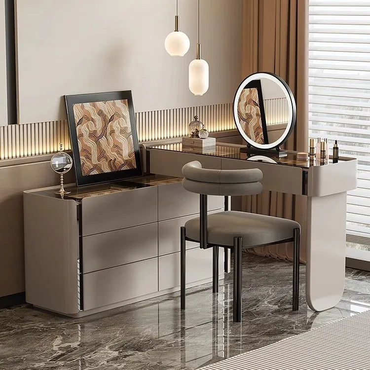 meuble rangement moderne commode tiroirs table maquillage miroir tabouret bois chêne massif beigeclair