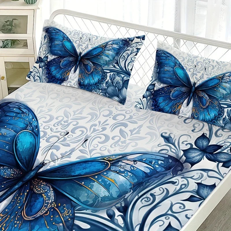 drap lit bleu papillons fleurs moderne coton polyester 150x200cm 180x200cm 200x220cm taies oreiller