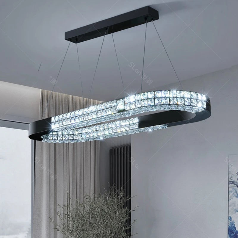 suspension lumineuse moderne cristaux géométriques noir transparent éclairage intérieur chaînes rc dimmable