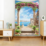 Détail du motif paysage scénique de la tapisserie bohème