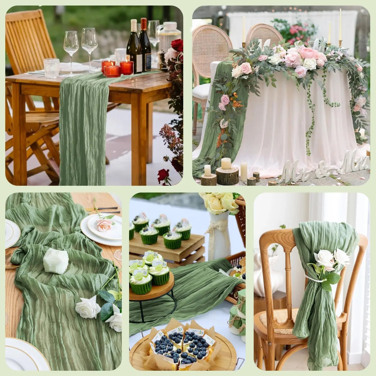 serviettes table vert olive crêpe semi transparentes moderne élégant mariage banquet fleurs artificielles bouquet