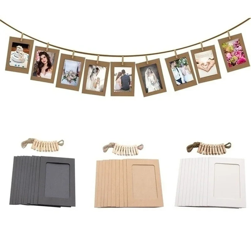 cadres photo carton corde linge pinces linge bois marron clair blanc noir rustic