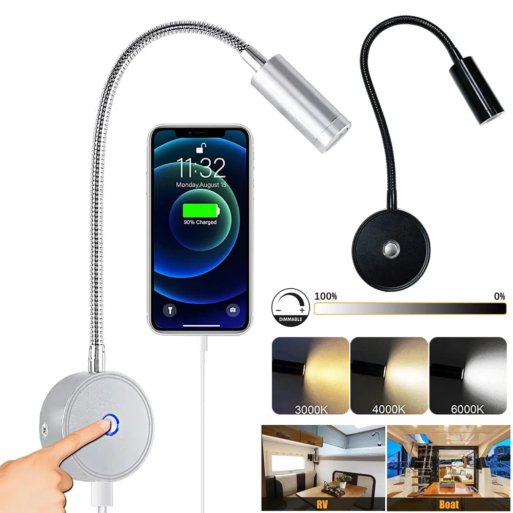 lampe lecture flexible moderne noir argent interrupteur tactile led rechargeable via usb