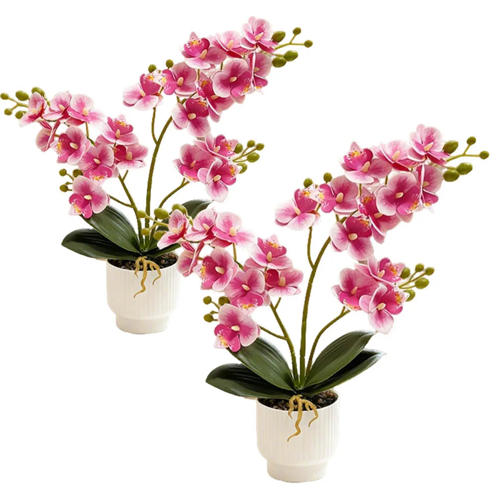 orchidée artificielle fleurs roses feuilles vertes pot blanc moderne minimaliste décoration intérieure sans entretien