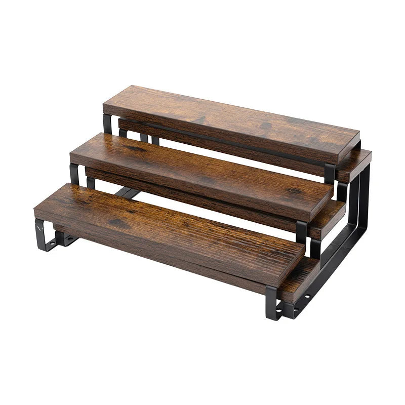 étagère trois niveaux bois foncé métal noir texture naturelle industriel pieds métalliques respectueux environnement