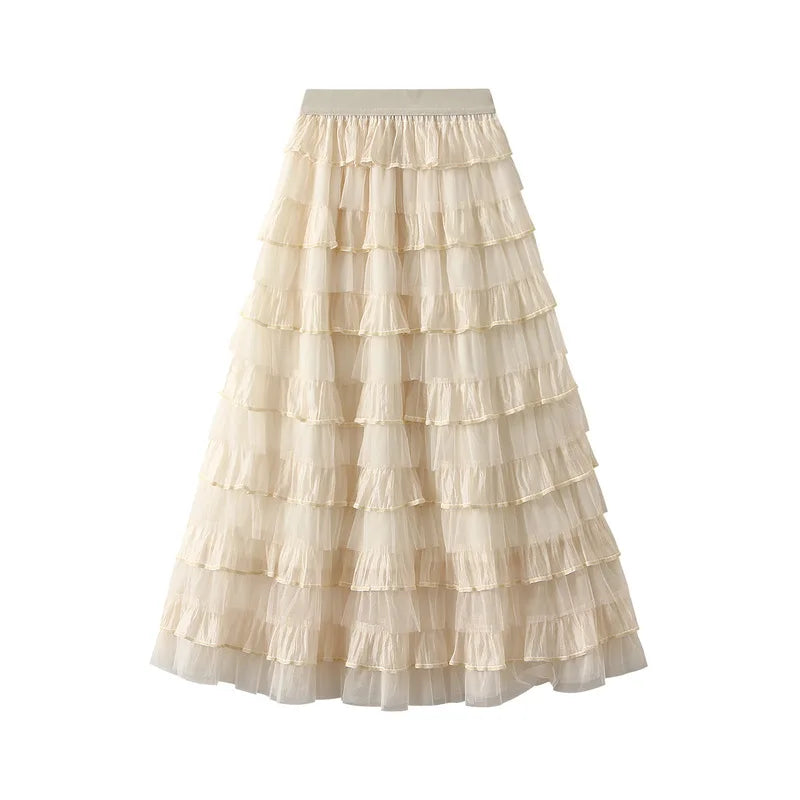 jupe mi mollet polyester vintage rayures horizontales romantique beige clair rose pâle gris marron