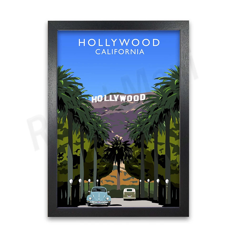Une affiche vintage représentant l'emblématique panneau Hollywood et le paysage de palmiers de Californie.