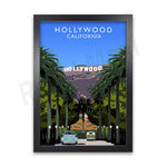 Une affiche vintage représentant l'emblématique panneau Hollywood et le paysage de palmiers de Californie.