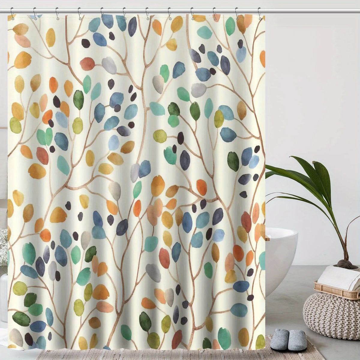 rideau douche botanique motifs feuilles aquarelle couleurs variées tringle métallique