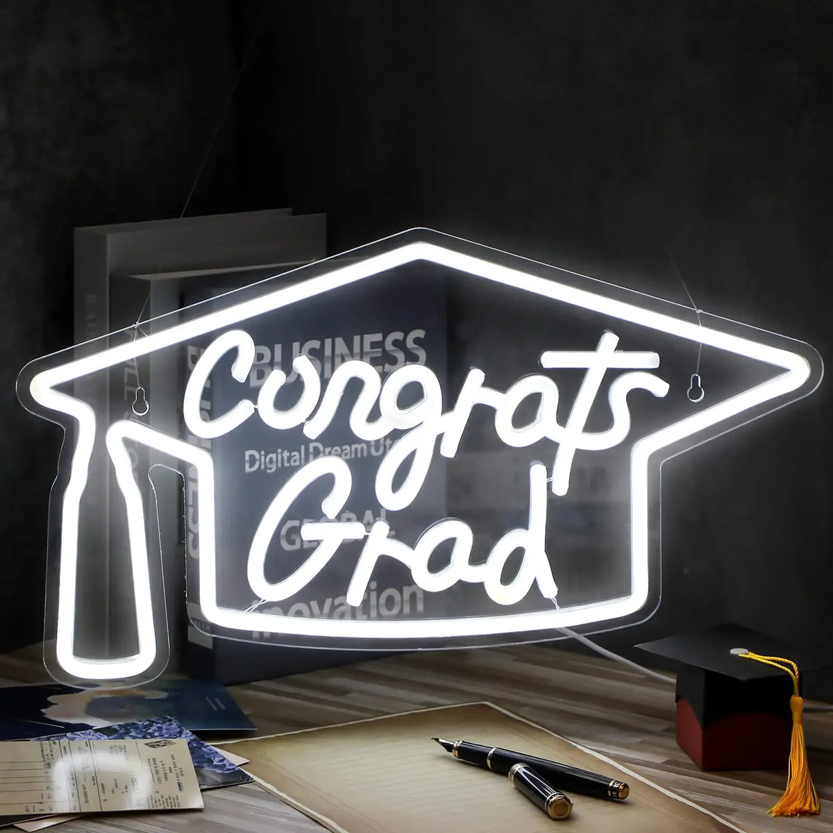 néon lumineux Congrats Grad moderne blanc inscription diplôme accessoire décoration USB powered