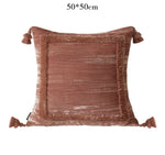 Housse coussin velours rose beige franges vintage 50x50cm lit salon décoration farmhouse élégante