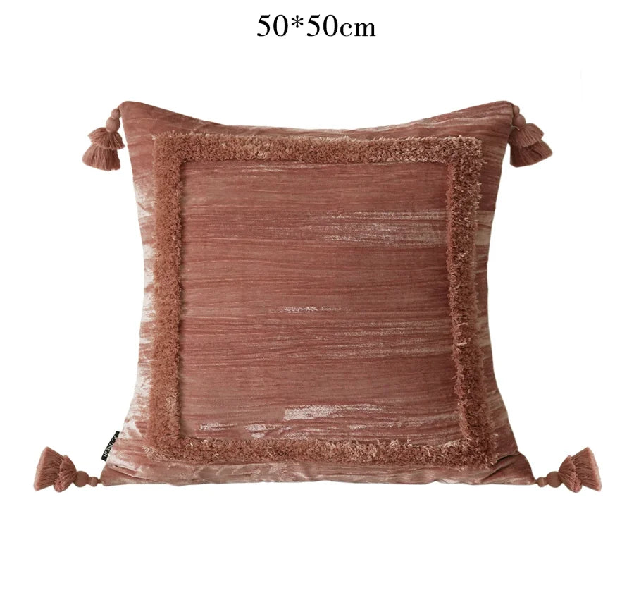 Housse coussin velours rose beige franges vintage 50x50cm lit salon décoration farmhouse élégante