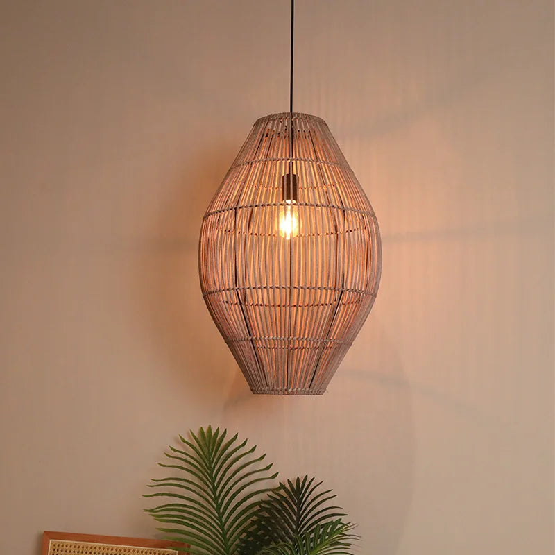 Suspension rattan tressée moderne naturelle salon chambre lumière chaîne métallique