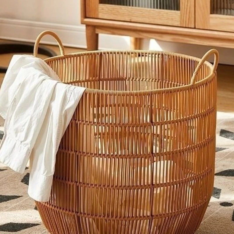 panier linge tressé bohème brun clair poignées chambre salle bain organisateur réutilisable moderne