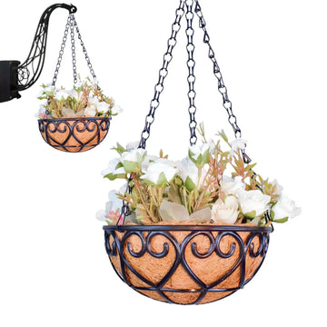 paniers suspendus résine fleurs artificielles chaîne métal décoratif marron noir vert rustiqueextérieur plante verte