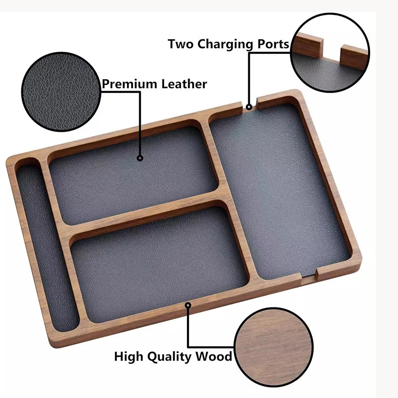 boîte rangement bois compartiments marron moderne stylo portefeuille smartphone montre câble usb