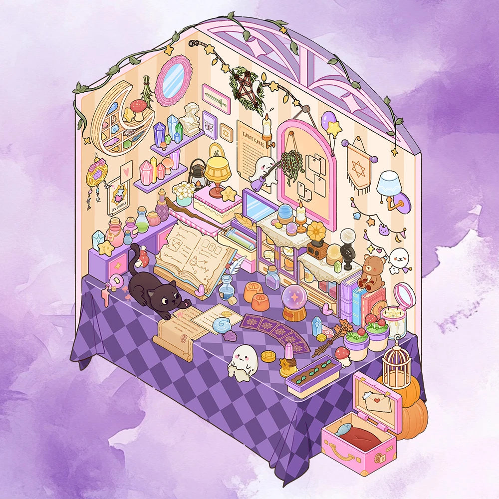 scène tarot miniature autocollants cartes tarot illustration cartoon animaux objets decoratifs violet beige rose