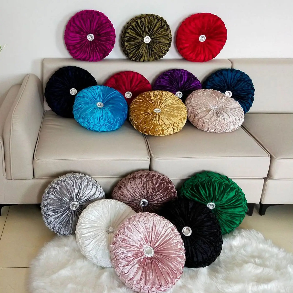 coussin rond velours plissé couleurs élégantes oreiller doux moderne violet vert olive doré