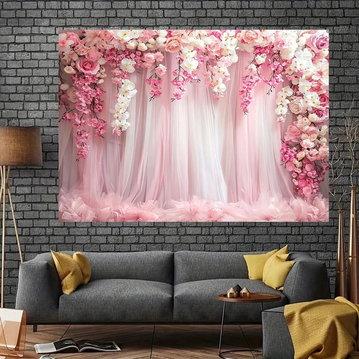 toile fond tulle semi transparent fleurs roses orchidées decoration murale romantique fiancailles mariage